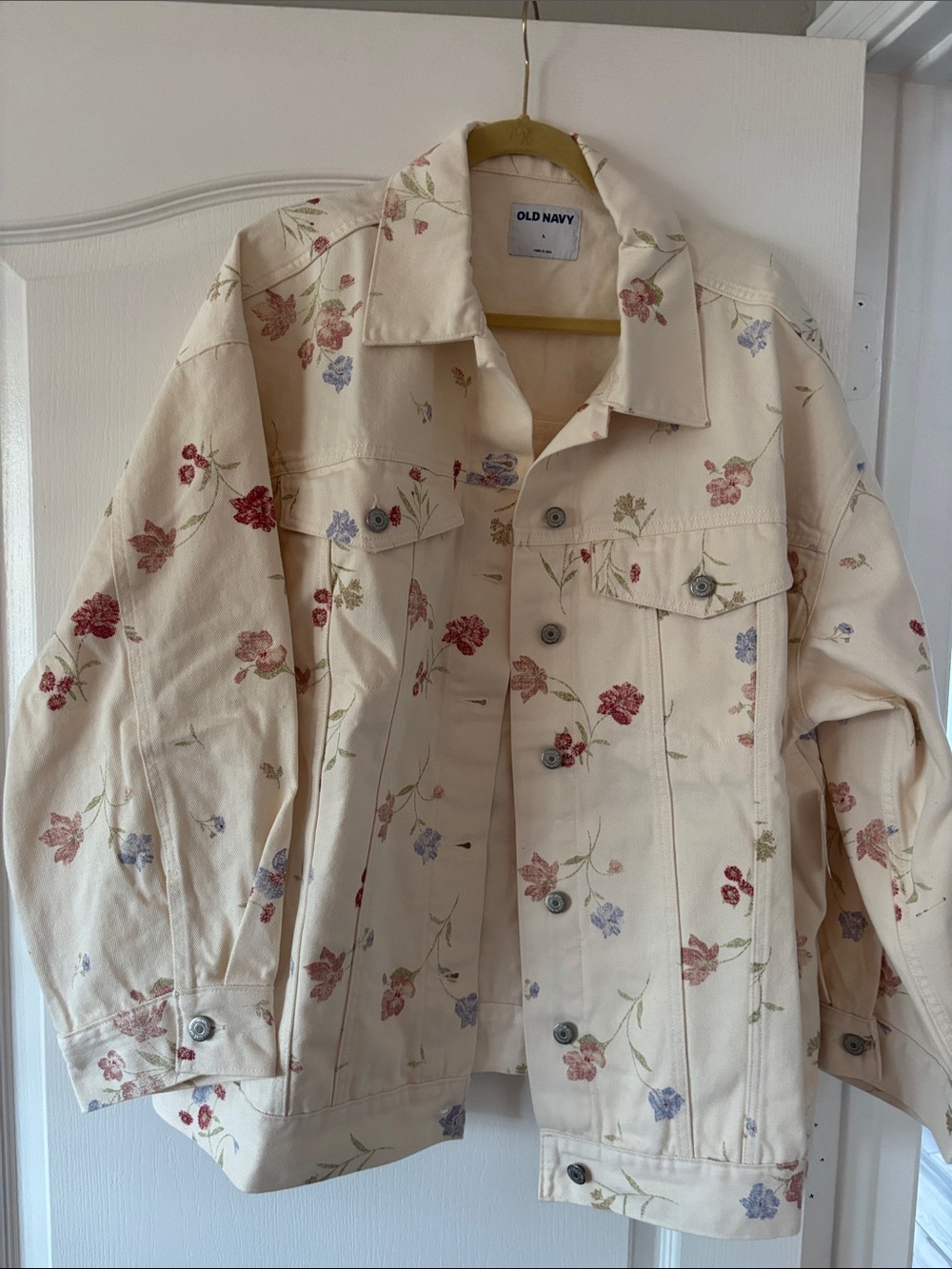 NWT Old Navy Cream Floral Trucker Oversized Jean Jacket SZ L